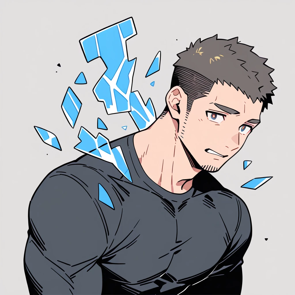 anime characters:Priapus, Muscle Sports Student, Buzz Cut, Manliness, male focus, Dark black high collar long sleeve tight T-shirt, Slightly transparent material, Very tight, Round, full and perky chest muscles, muscular male, muscular, only, Upper body, alone, Black short hair, Thick eyebrows, stubble, Brown-red pupils, Grey background, simple background, amazing quality, best aesthetics, Ridiculous, crew cut, parted lips, flustered, endured face, best quality