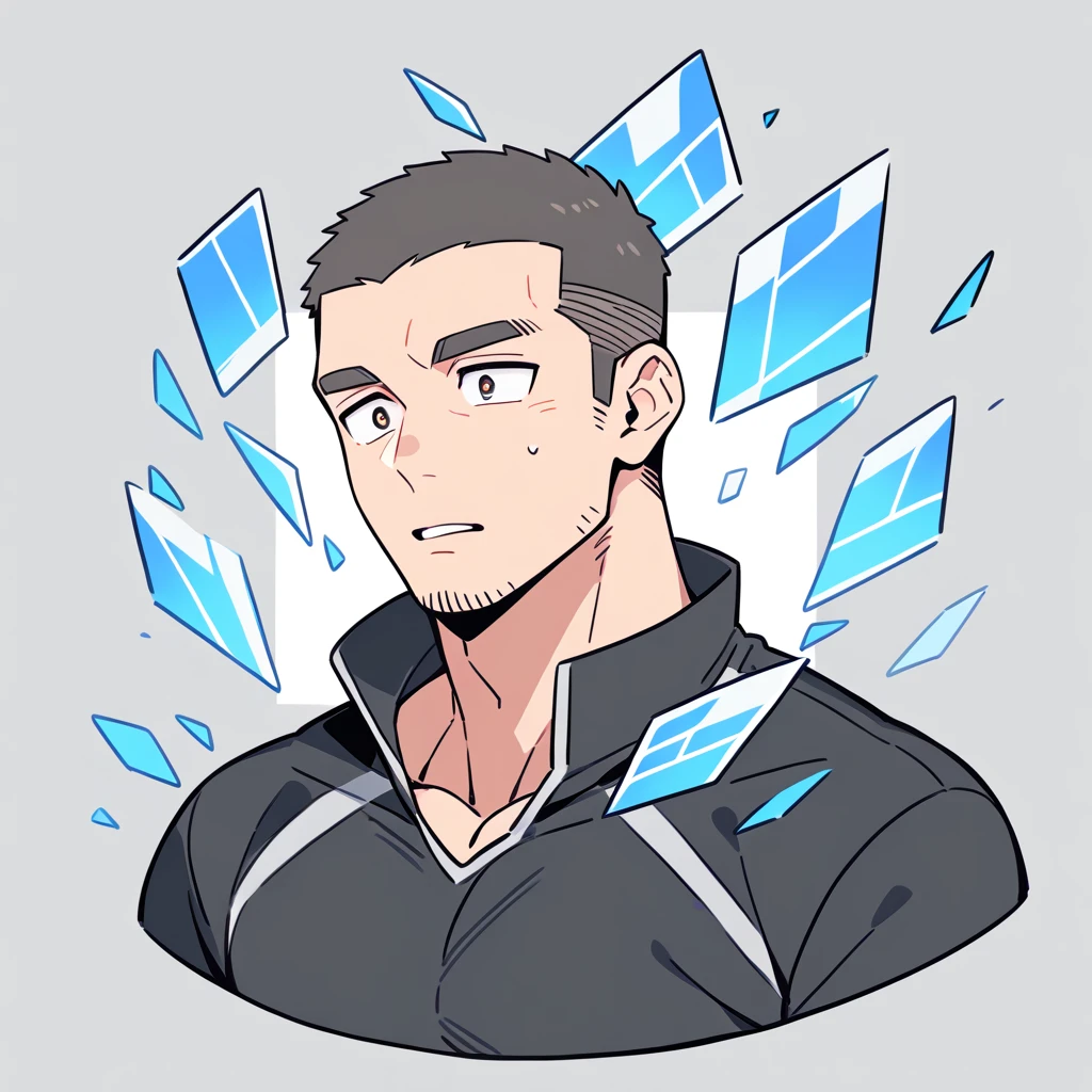 anime characters:Priapus, Muscle Sports Student, Buzz Cut, Manliness, male focus, Dark black high collar long sleeve tight T-shirt, Slightly transparent material, Very tight, Round, full and perky chest muscles, muscular male, muscular, only, Upper body, alone, Black short hair, Thick eyebrows, stubble, Brown-red pupils, Grey background, simple background, amazing quality, best aesthetics, Ridiculous, crew cut, parted lips, flustered, endured face, best quality