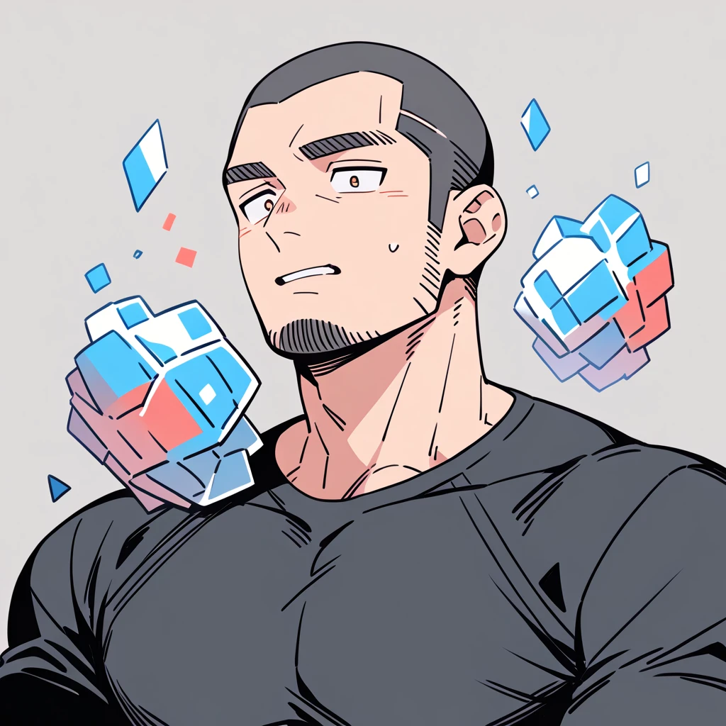 anime characters:Priapus, Muscle Sports Student, Buzz Cut, Manliness, male focus, Dark black high collar long sleeve tight T-shirt, Slightly transparent material, Very tight, Round, full and perky chest muscles, muscular male, muscular, only, Upper body, alone, Black short hair, Thick eyebrows, stubble, Brown-red pupils, Grey background, simple background, amazing quality, best aesthetics, Ridiculous, crew cut, parted lips, flustered, endured face, best quality