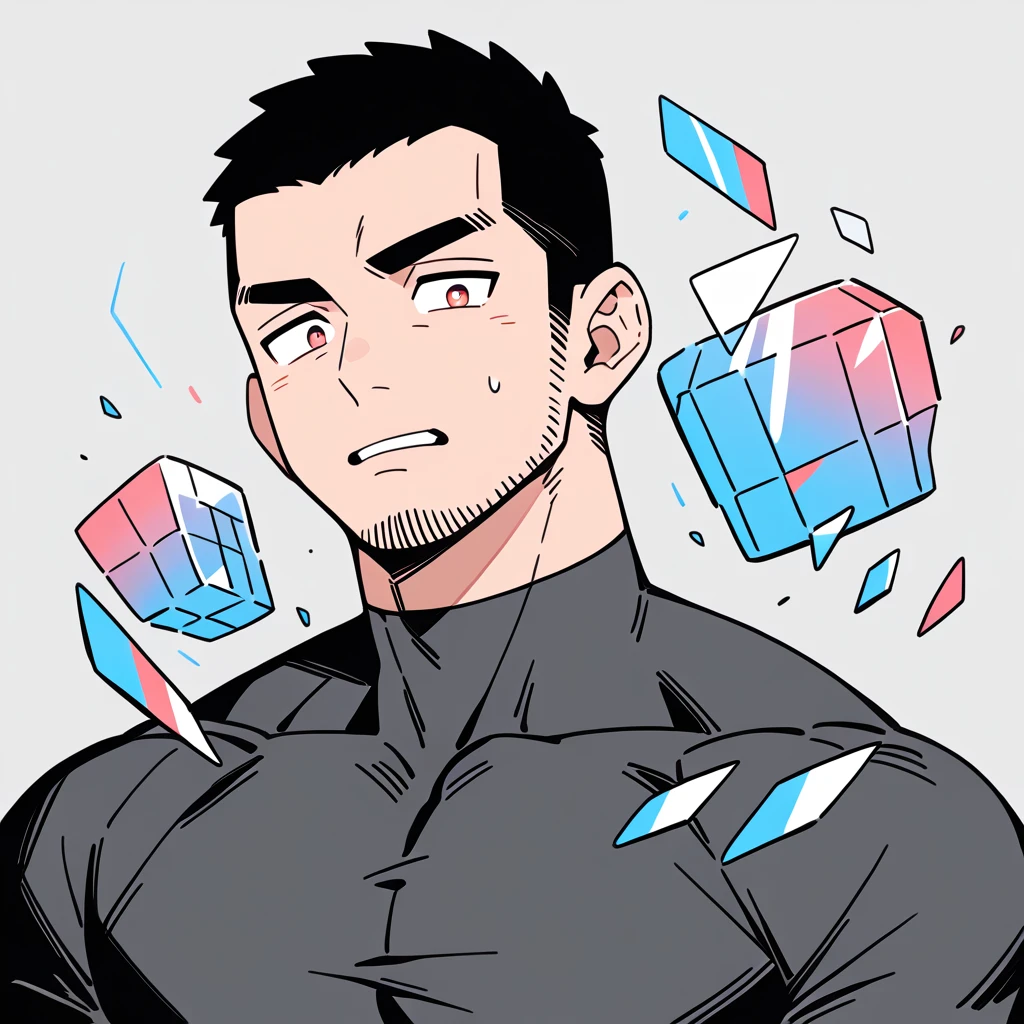 anime characters：Priapus, Muscle Sports Student, Buzz Cut, Manliness, male focus, Dark black high collar long sleeve tight T-shirt, Slightly transparent material, Very tight, Round, full and perky chest muscles, muscular male, muscular, only, Upper body, alone, Black short hair, Thick eyebrows, stubble, Brown-red pupils, Grey background, simple background, amazing quality, best aesthetics, Ridiculous, crew cut, parted lips, flustered, endured face, best quality