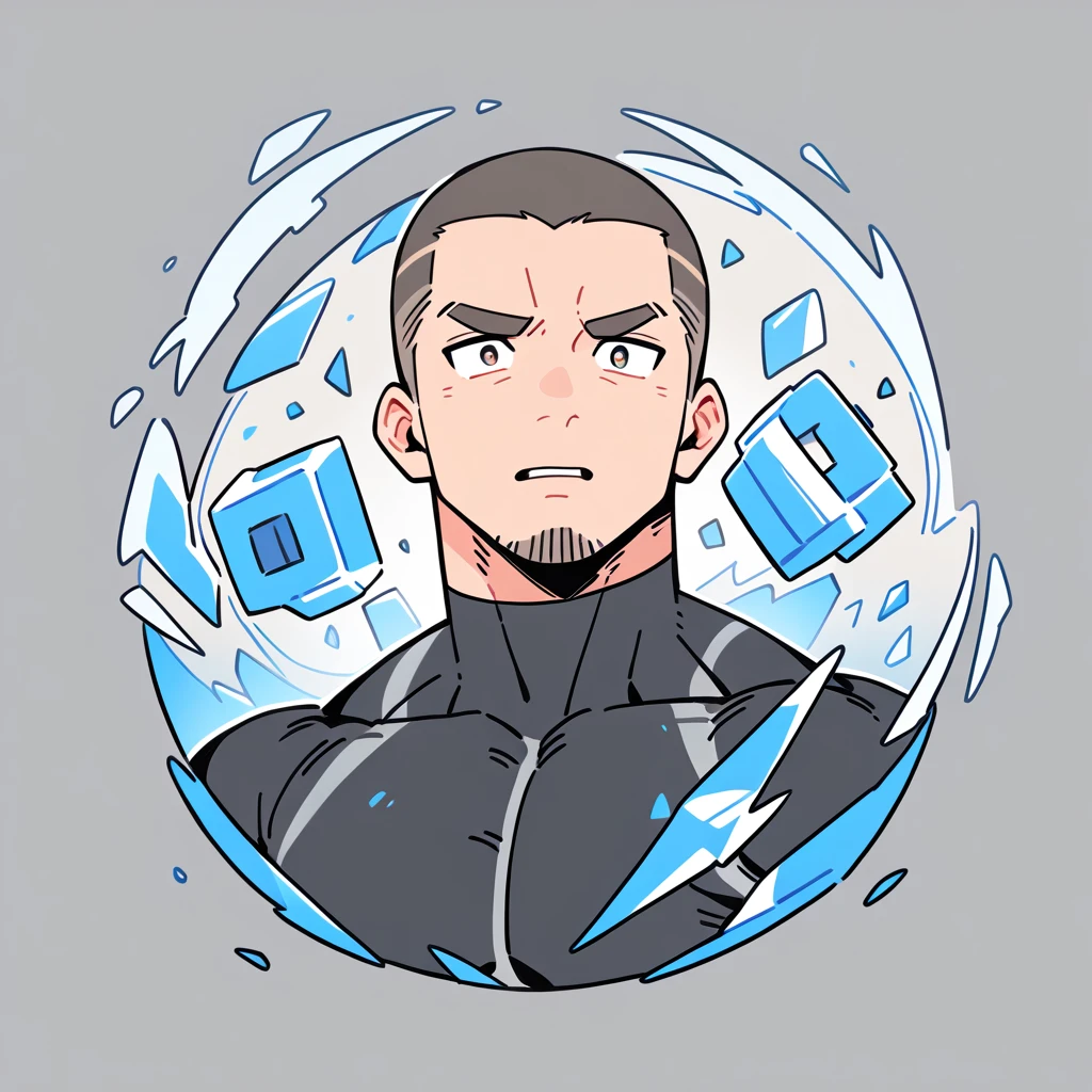 anime characters：Priapus, Muscle Sports Student, Buzz Cut, Manliness, male focus, Dark black high collar long sleeve tight T-shirt, Slightly transparent material, Very tight, Round, full and perky chest muscles, muscular male, muscular, only, Upper body, alone, Black short hair, Thick eyebrows, stubble, Brown-red pupils, Grey background, simple background, amazing quality, best aesthetics, Ridiculous, crew cut, parted lips, flustered, endured face, best quality