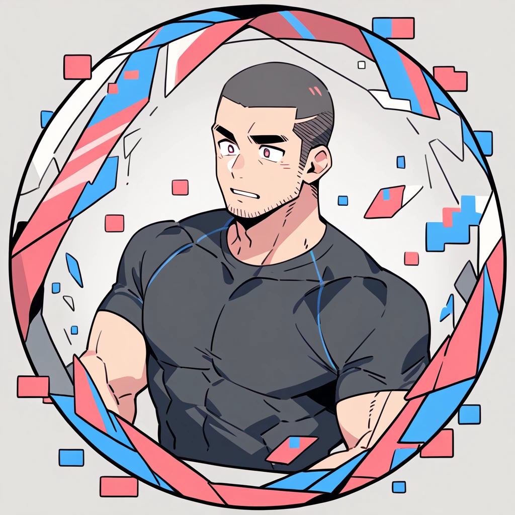 anime characters:Priapus, Muscle Sports Student, Buzz Cut, Manliness, male focus, Dark black high collar long sleeve tight T-shirt, Slightly transparent material, Very tight, Round, full and perky chest muscles, muscular male, muscular, only, Upper body, alone, Black short hair, Thick eyebrows, stubble, Brown-red pupils, Grey background, simple background, amazing quality, best aesthetics, Ridiculous, crew cut, parted lips, flustered, endured face, best quality