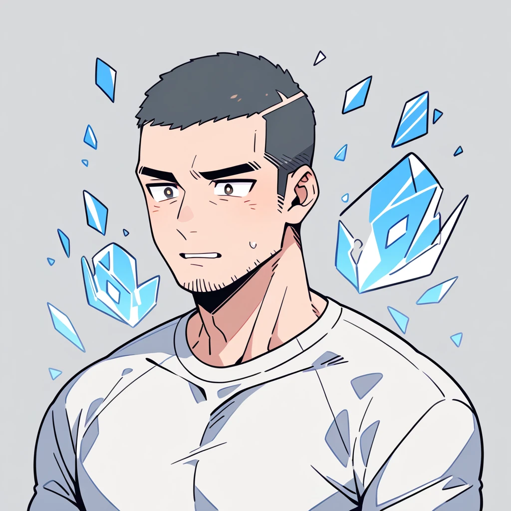 anime characters：Priapus, Muscle Sports Student, Buzz Cut, Manliness, male focus, Dark black high collar long sleeve tight T-shirt, Slightly transparent material, Very tight, Round, full and perky chest muscles, muscular male, muscular, only, Upper body, alone, Black short hair, Thick eyebrows, stubble, Brown-red pupils, Grey background, simple background, amazing quality, best aesthetics, Ridiculous, crew cut, parted lips, flustered, endured face, best quality