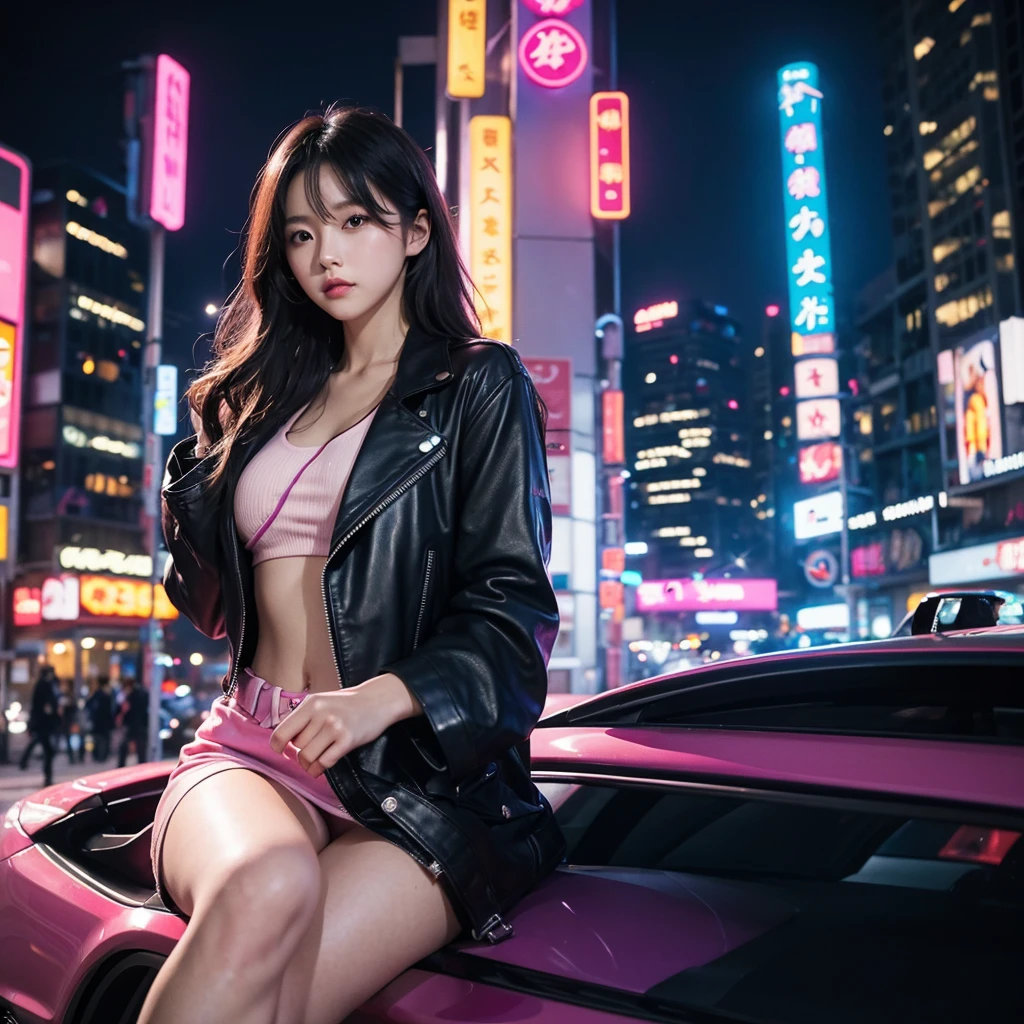 stunning Korean woman sitting on the car in a colorful and lively urban environment at night.
She wears a black leather jacket and black top, and has long wavy hair colored pink and white.
She's holding up a Japanese samurai.
The background of the image is a city street at night, with many blue, purple and pink neon lights illuminating the surrounding buildings.
There is a bokeh effect from these lights which makes the image look artistic and futuristic.
Crazy detalied.