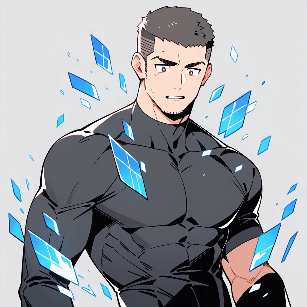 anime characters：Priapus, Muscle Sports Student, Buzz Cut, Manliness, male focus, Dark black high collar long sleeve tight T-shirt, Slightly transparent material, Very tight, Round, full and perky chest muscles, muscular male, muscular, only, Upper body, alone, Black short hair, Thick eyebrows, stubble, Brown-red pupils, Grey background, simple background, amazing quality, best aesthetics, Ridiculous, crew cut, parted lips, flustered, endured face, best quality