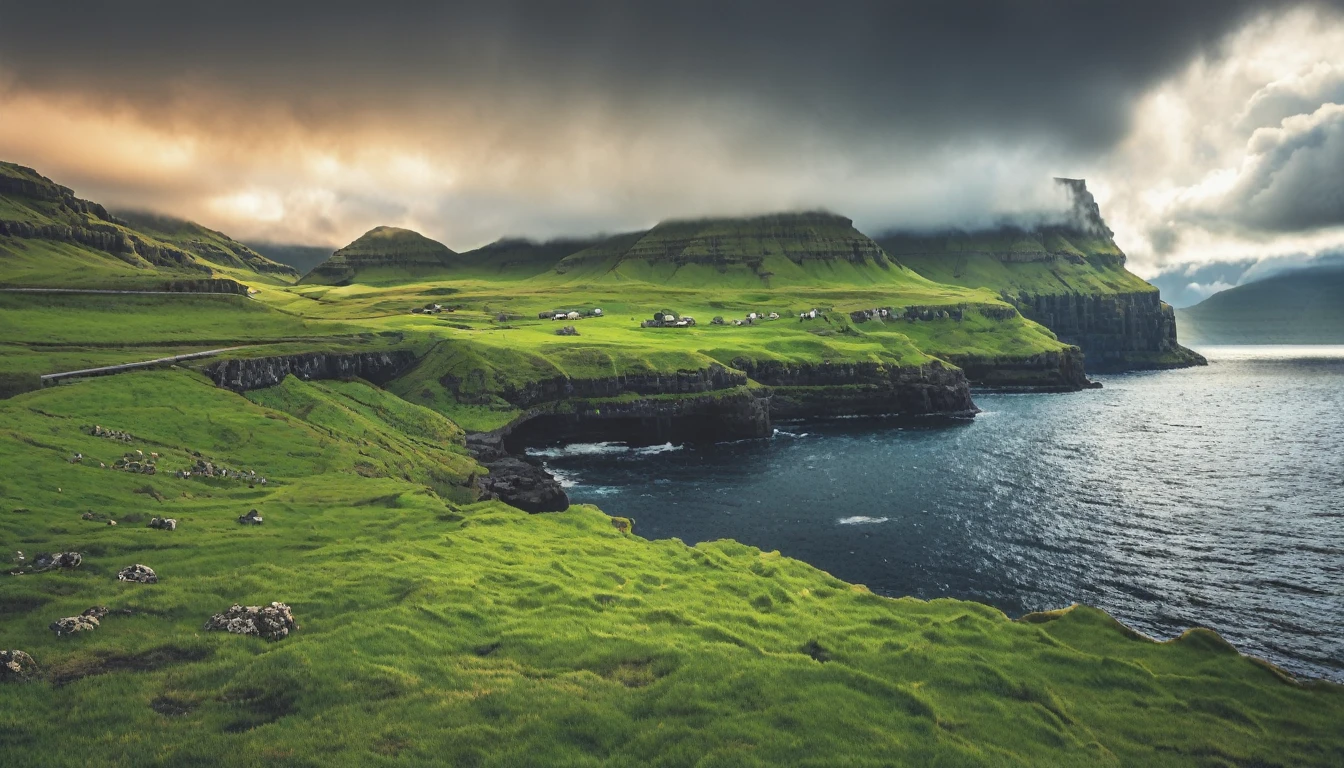 a stunning landscape of the faroe islands and iceland, dramatic cliffs, rocky coastline, rolling hills, lush green meadows, crystal clear lakes, dramatic cloudy sky, beautiful natural lighting, (best quality,4k,8k,highres,masterpiece:1.2),ultra-detailed,(realistic,photorealistic,photo-realistic:1.37),landscape,hyperrealistic,dramatic lighting,vivid colors,cinematic composition,moody atmosphere