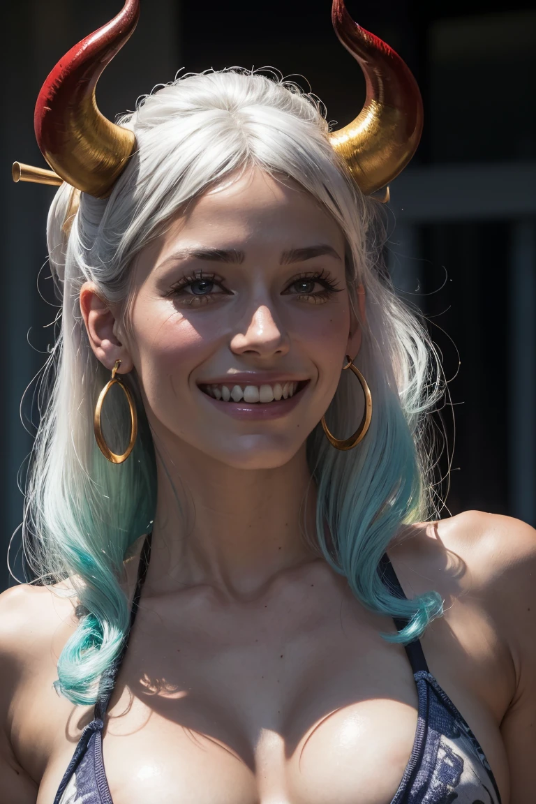 NSFW, naked full body, nude, open legs pose, naked pussy,Best Quality, Masterpiece, 4k, absurd resolution, UHD, ultra detailed, detailed eyes, detailed skin, detailed hair, detailed face, (cara de evangeline lilly:Blake Lively), detailed fabric, (1 young beautiful girl, Alone:1.1), Yamato (One piece), (multicolor fur, wide, by white, aquamarine hair, two tone hair, High ponytail, hair stick, hair ornament), (big natural breasts:1.2), (side chest:1.2), (Shimenawa, Ropa japonesa con Shimenawa., rope, sleeveless kimono, bare arms, kimono, sleeveless, they, bare shoulders, also), (curly horns, red horns, multicolored horns), (happy smile:1.2), earrings, jewelry, (large eyes, Brown eyes), , v shaped eyebrows, ((hourglass shape)), pose sexy, ((NSFW))