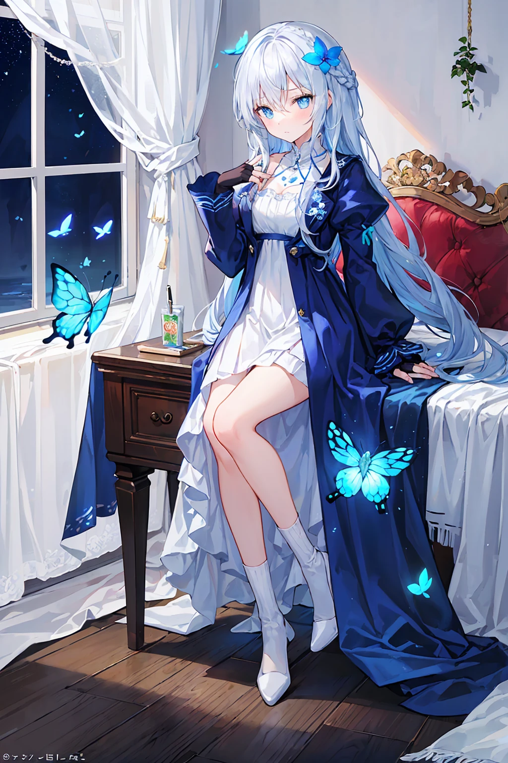 (Above image),Dynamic Angle,Very detailed, shape, close, straight, 1 Girl, (Fantasy:1.4), (blue eyes:1.233),Her eyes shone like dream-like stars,(Glowing Eyes:1.233),(Beautiful and delicate eyes:1.1),(Silver Hair:1.14),(Messy Hair,Very long hair,French Braid,Hair between the eyes,Side Lock), (+(Blue Hair Flower:1.14)),(Chiffon dress,Blue floral pattern)/=(uniform:1.24),(Do not use sleeves,Wide sleeves),(Fingerless gloves),necklace,(Micony high socks),High heel boots,(poker face,shut up),(Stubborn), (Located in a white old palace、Classic princess bedroom with dressing table and French windows),(White flower,bloom),(deep sea),(Flowing water),(Dull Blue World Tree:1.14),(Remaining),(night:1.2),dream-like,soul,(fluorescence),(Flying translucent blue butterfly:1.15), [[Thin fingers and hands:0.55]::0.85],(Finger details),(Soup Packet:0.5),