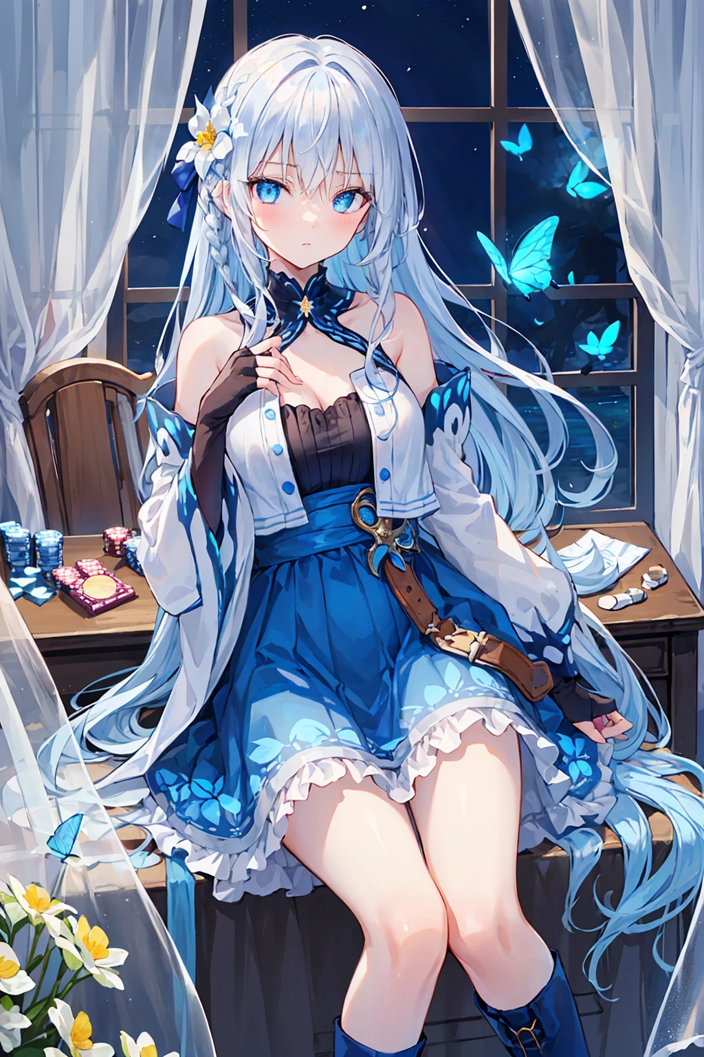 (Above image),Dynamic Angle,Very detailed, shape, close, straight, 1 Girl, (Fantasy:1.4), (blue eyes:1.233),Her eyes shone like dream-like stars,(Glowing Eyes:1.233),(Beautiful and delicate eyes:1.1),(Silver Hair:1.14),(Messy Hair,Very long hair,French Braid,Hair between the eyes,Side Lock), (+(Blue Hair Flower:1.14)),(Chiffon dress,Blue floral pattern)/=(uniform:1.24),(Do not use sleeves,Wide sleeves),(Fingerless gloves),necklace,(Micony high socks),High heel boots,(poker face,shut up),(Stubborn), (Located in a white old palace、Classic princess bedroom with dressing table and French windows),(White flower,bloom),(deep sea),(Flowing water),(Dull Blue World Tree:1.14),(Remaining),(night:1.2),dream-like,soul,(fluorescence),(Flying translucent blue butterfly:1.15), [[Thin fingers and hands:0.55]::0.85],(Finger details),(Soup Packet:0.5),