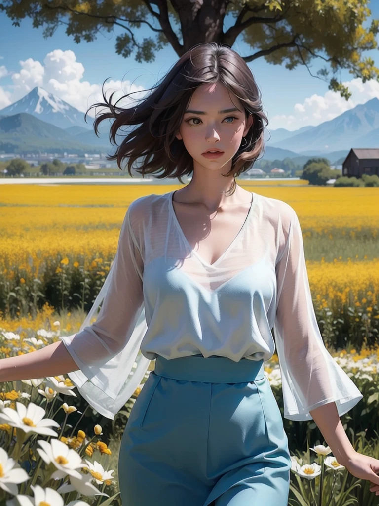 1girl, storm clouds and mountain, (flower field:1.4) in the foreground, pale blue vinyl skirt and loose cotton deep v-neck blouse, light tracing, (rule of thirds composition) (floating colorful wind:1) (photorealistic:1.4), official art, unity 8k wallpaper, ultra detailed, beautiful and aesthetic, masterpiece,best quality, oily skin, sweating, cinematic lighting, intense gaze reverie, rule of third, big old tree in the background with a swing,