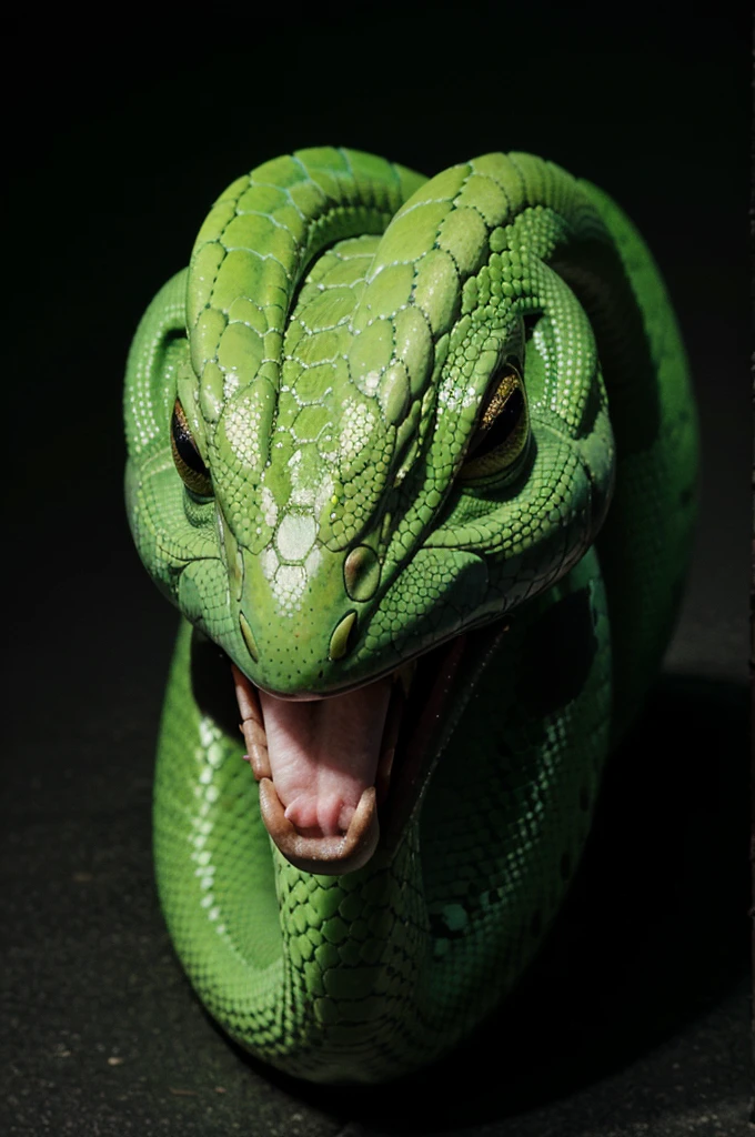 Big green snake head, sharp eyes, bright colors, pastel colors, black background, high resolution.