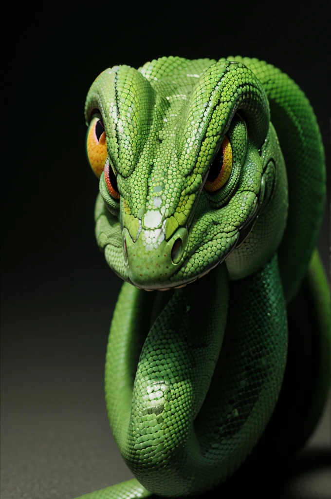 Big green snake head, sharp eyes, bright colors, pastel colors, black background, high resolution.