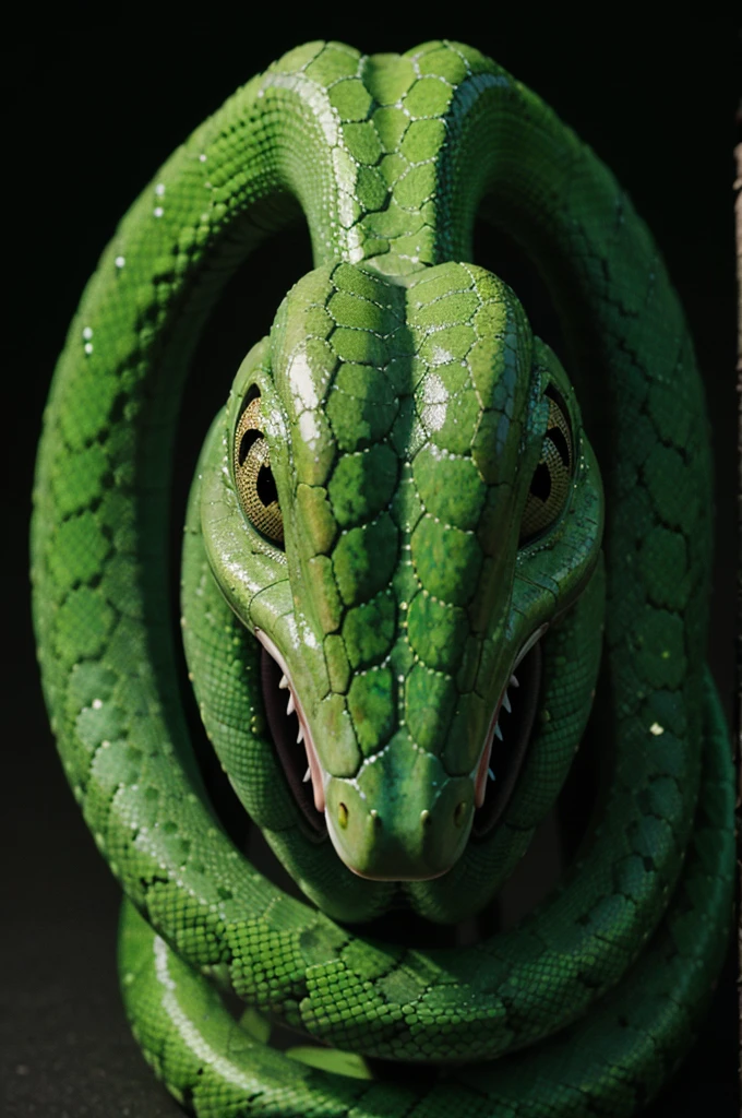 Big green snake head, sharp eyes, bright colors, pastel colors, black background, high resolution.