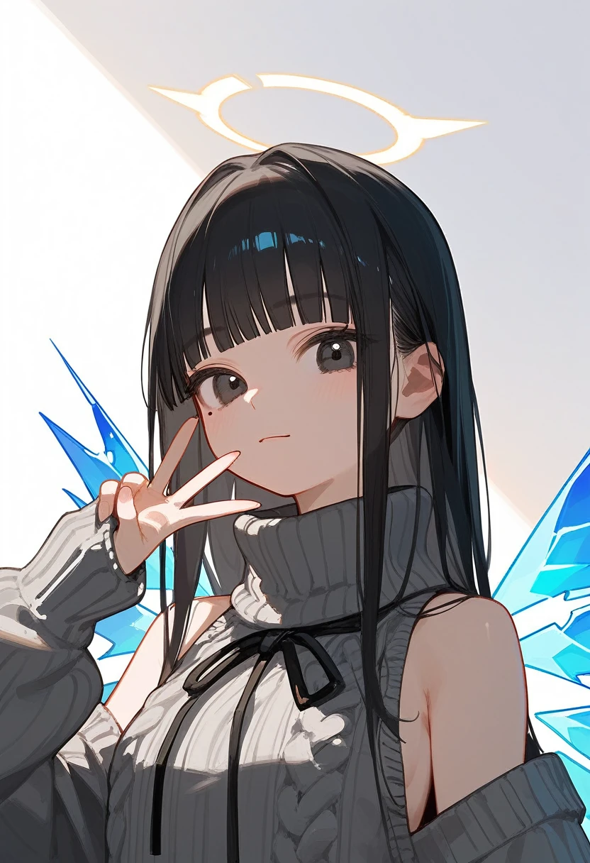 (score_9, score_8_up, score_7_up), 1girl, VirtuosaBase, cute, (chibi:0.7), black hair, blunt bangs, long hair, broken halo, energy wings, black eyes, mole under right eye, small breasts, virgin killer sweater, detached sleeves, gray sweater, single hand victory pose, hand on hip, leaning forward, looking at viewer, upper body, zoom out, white background,