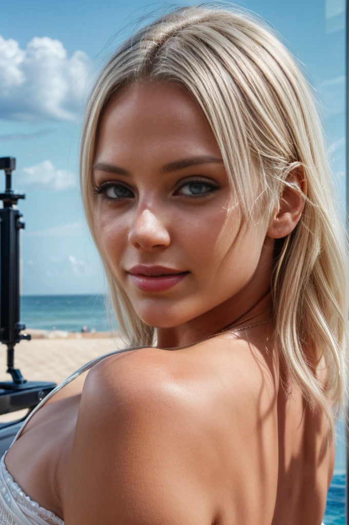 perfect white haired blonde, perfect ass, photo from behind, she's on the beach, great view, she's looking at the camera, (8k, RAW photo, best quality, masterpiece:1. 2) , smiling, (realistic, photo-realistic:1. 37) , ultra-detailed, , beautiful detailed eyes, beautiful detailed lips, professional lighting, photon mapping, radiosity, physically-based rendering, extremely detailed eyes and face, beautiful detailed eyes, light on face, cinematic lighting, 