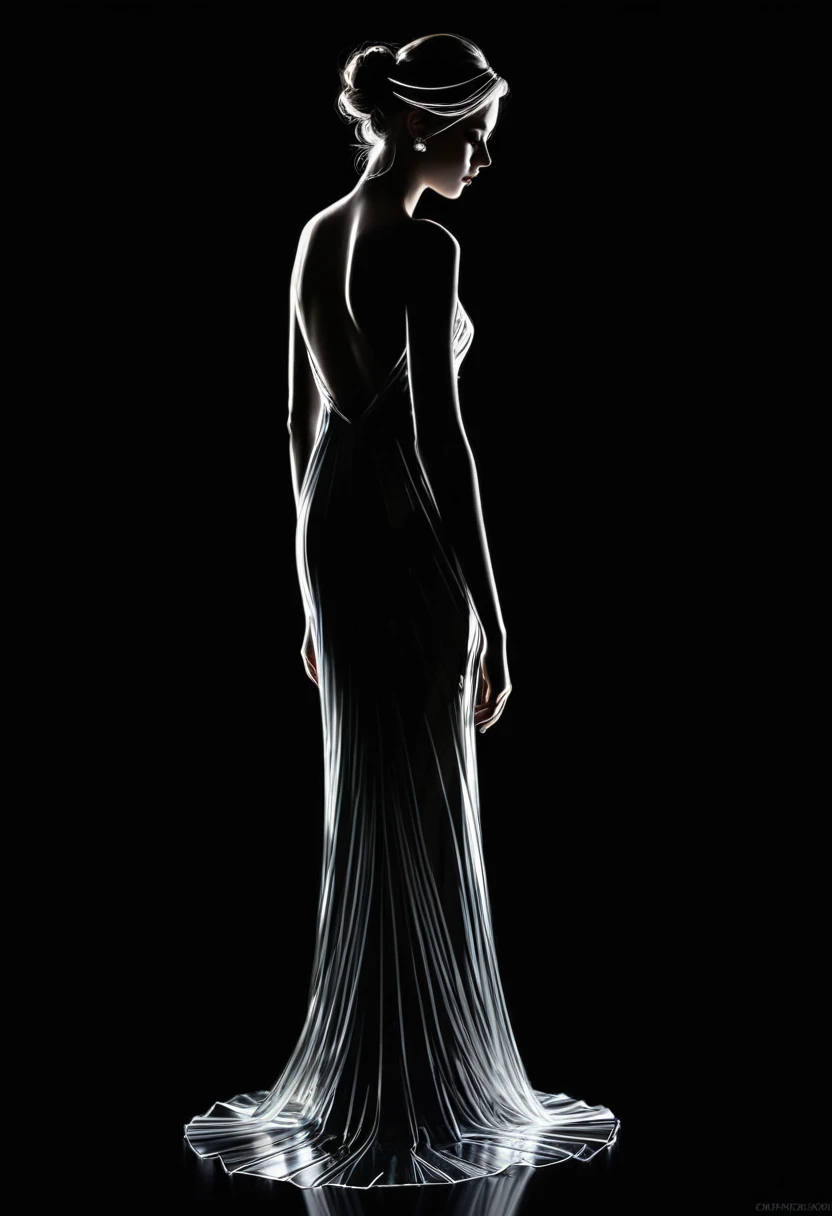 **Digital painting of the full-length silhouette of a beautiful and beautiful transparent glass model, reflecting the white ambient light, emphasis on her serene expression, faint white, soft shadows playing on her features, very intense and dark black background that contrasts and accentuates the crystal model's beautiful silhouette, detailed hair with discernible individual strands. Capturing light and texture, high resolution, ultra-realistic.**