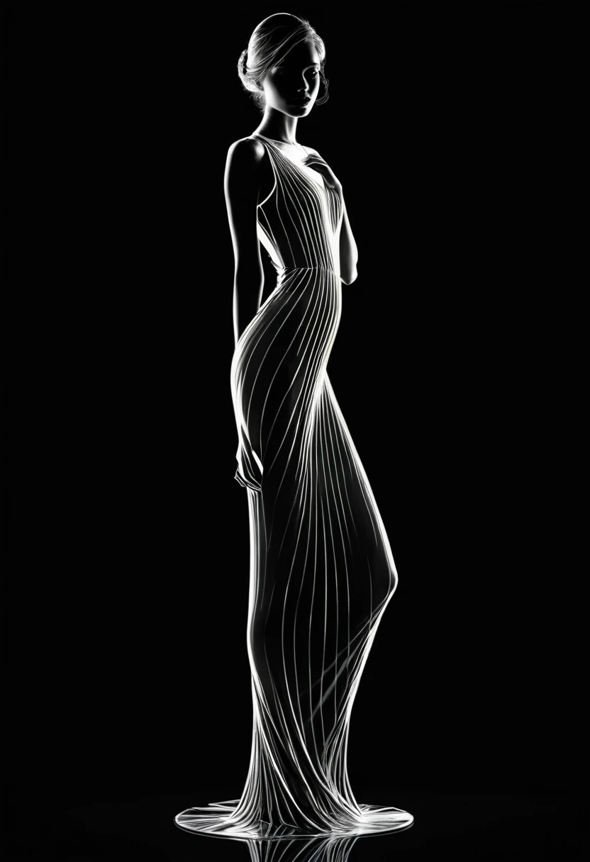 **A beautiful, digitally drawn full-body silhouette of a transparent glass model., Reflects white ambient light, Emphasizing her calm expression, Faint White, The soft shadows on her face, Contrast and highlight the beautiful silhouette of the crystal model、Very intense and dark black background, Detailed hair with each individual hair clearly visible. Capturing light and texture, High resolution, Ultra-realistic.**