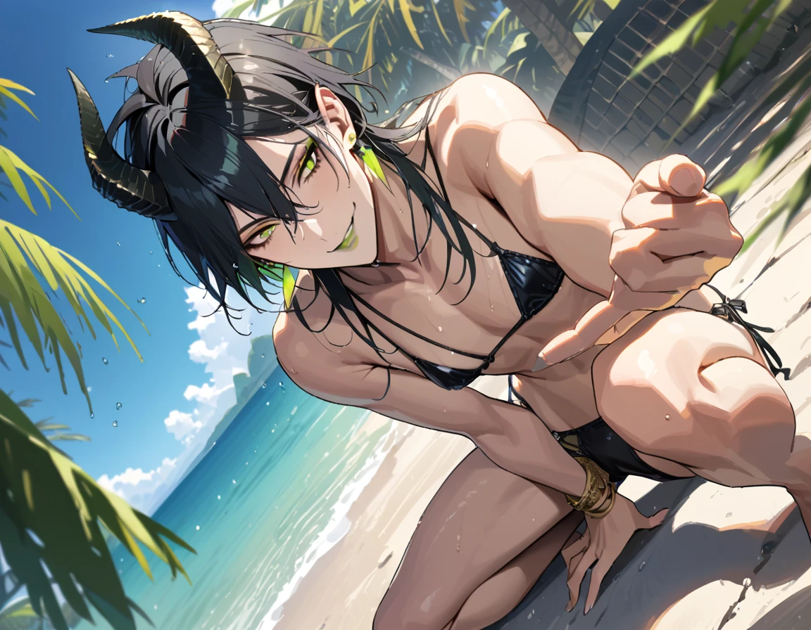 masterpiece, highres, absurdres, illustration, ((masterpiece:1.4, best quality)), (Ultra detailed background), 1boy, handsome man, highly detailed beautiful face and eyes, beautiful eyes, (sharp detail:1.3), shiny, earrings, bracelet, (wet bikini:1.3), Bari, Cebu Island, plumeria, near the beach, 1boy, sitting on floor, dynamic angle, full body, malleus draconia (twisted wonderland) horns, bishounen, boy, male, yana Toboso style, long hair, black hair, yellow green eyes, smile, gray lips, handsome, skinny, tall, yellow green glow,AddXL