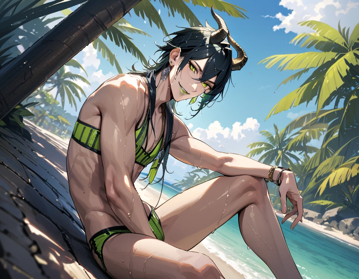 masterpiece, highres, absurdres, illustration, ((masterpiece:1.4, best quality)), (Ultra detailed background), 1boy, handsome man, highly detailed beautiful face and eyes, beautiful eyes, (sharp detail:1.3), shiny, earrings, bracelet, (wet bikini:1.3), Bari, Cebu Island, plumeria, near the beach, 1boy, sitting on floor, dynamic angle, full body, malleus draconia (twisted wonderland) horns, bishounen, boy, male, yana Toboso style, long hair, black hair, yellow green eyes, smile, gray lips, handsome, skinny, tall, yellow green glow,AddXL