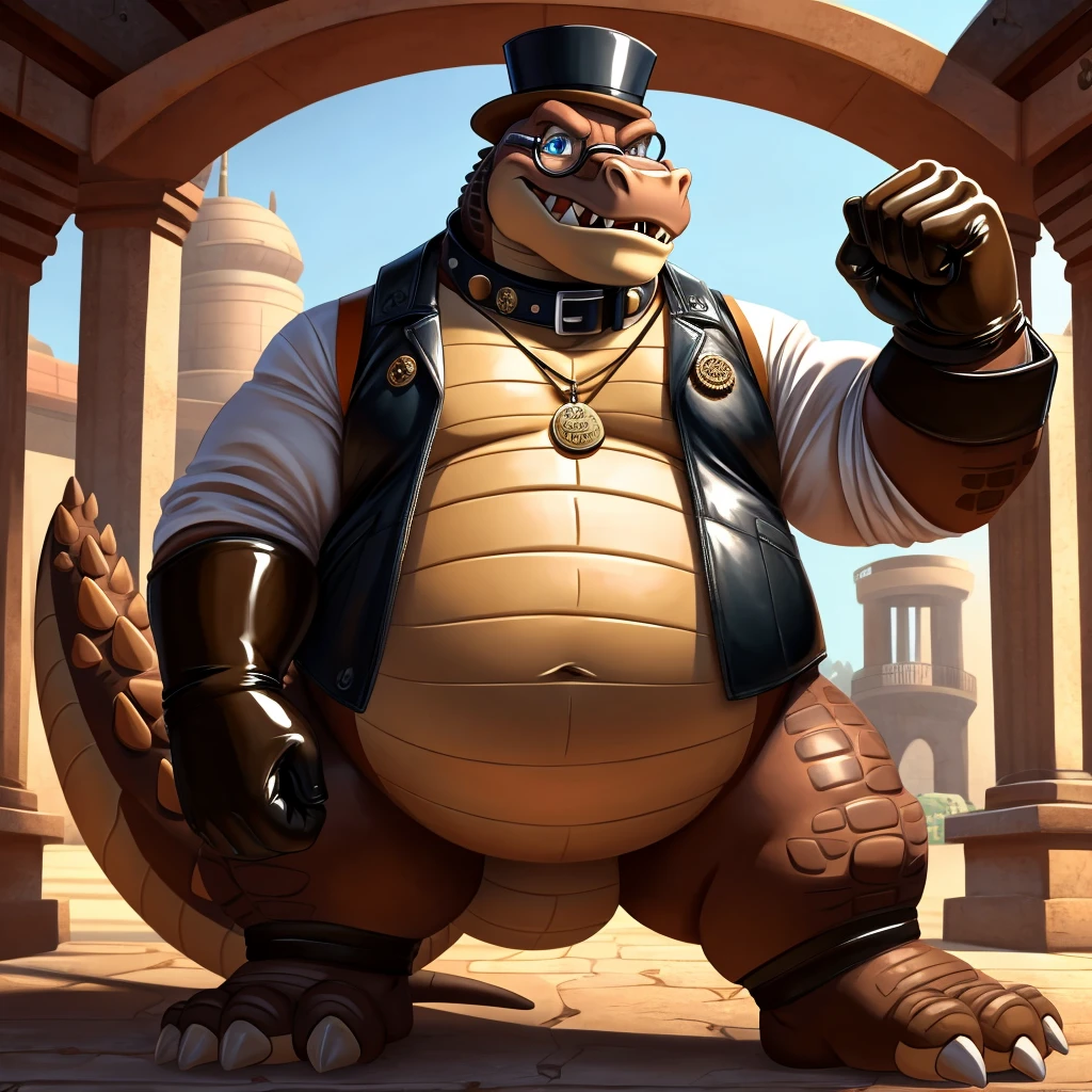 Solo, Male, fat, extremely obese, gentleman, dapper Professor Dingodile, blue eyes, (posing:1.3), (soft shading), 4k, hi res, ((detailed face, detailed)), looking at viewer, mouth wide open, steampunk, collared shirt with buttons, top hat, male focus, Explorer Outfit, glasses, monocle, bag, vest with buttons, backpack, sleeves rolled up, round eyewear, brown headwear, brown vest, Dingodile is wearing a glossy leather dog collar around the neck, Dingodile is wearing the leather collar and shirt and vest at the same time, Dingodile is wearing glossy white rubber gloves on the hands, wearing white rubber gloves on the feet, gloves are rubber in texture, clenching teeth, clenching fists, leather collar is glossy and shiny with a lot of detail, Dingodile is wearing gloves and leather collar at the same time, leather collar has a round dog-tag, leather collar is thick and detailed.