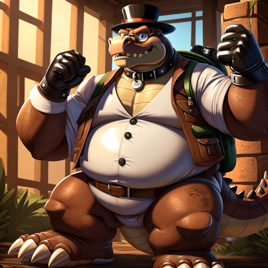 Solo, Male, fat, extremely obese, gentleman, dapper Professor Dingodile, blue eyes, (posing:1.3), (soft shading), 4k, hi res, ((detailed face, detailed)), looking at viewer, mouth wide open, steampunk, collared shirt with buttons, top hat, male focus, Explorer Outfit, glasses, monocle, bag, vest with buttons, backpack, sleeves rolled up, round eyewear, brown headwear, brown vest, Dingodile is wearing a glossy leather dog collar around the neck, Dingodile is wearing the leather collar and shirt and vest at the same time, Dingodile is wearing glossy white rubber gloves on the hands, wearing white rubber gloves on the feet, gloves are rubber in texture, clenching teeth, clenching fists, leather collar is glossy and shiny with a lot of detail, Dingodile is wearing gloves and leather collar at the same time, leather collar has a round dog-tag, leather collar is thick and detailed.