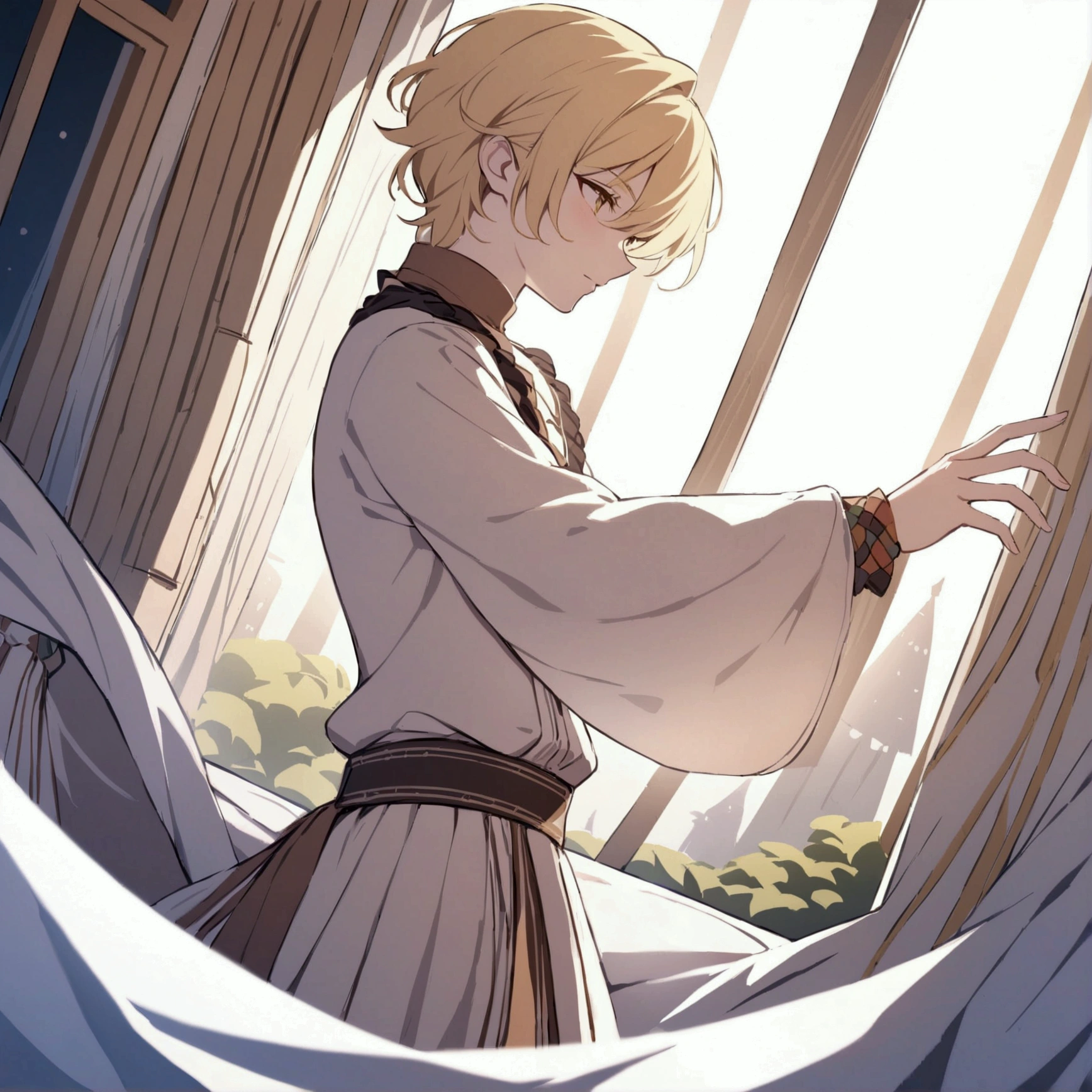 older brother with blonde hair, casual fantasy village outfit