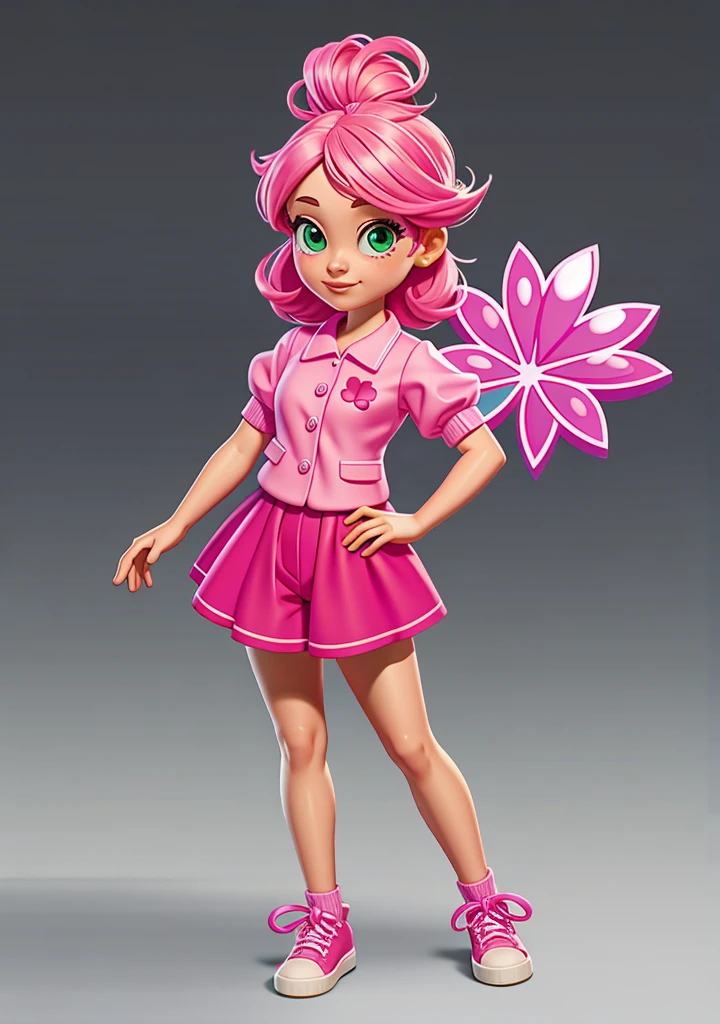 pink-themed girl with elements that resemble a four-leaf clover, but in pink clothes
