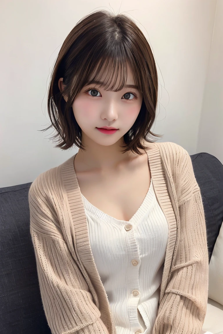 Highest quality、(beautiful)、Precision Eyes、Fine skin、Brown eyes、22-year-old female、Brown Hair、looking at the camera、Gal、Nude semi-short hair、Lace Cardigan、Sit on the sofa、Lips without makeup、Embarrassed
