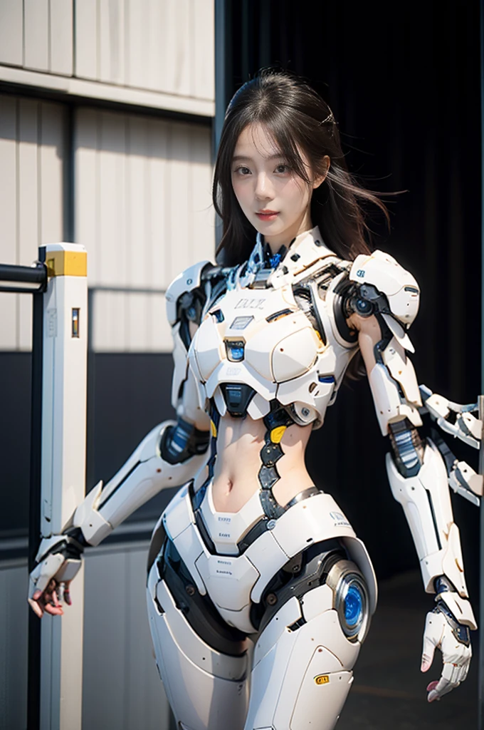 {{best quality, 1080P, Masterpiece, Ultra high resolution, photorealistic, ultra realism, Realistic skin texture, Extreme skin detail, dslr, Detailed eyes, Facing the camera, very beautiful face, Concise facial structure, blue eyes, Pale skin, Realistic skin texture, Extreme skin detail, oc render reflection textures, Realistic light and shadow, Single picture, alone, The body is slim and balanced., Age 20, Height 170, naked girl, Nude, no underwear, A girl with the body of a mechanical robot., Transparent futuristic black glass mech armor suit, The mechanical cervix is attached to the neck., The robot circuit is stuck in the middle of the back., flat stomach, Woman with perfect robot arms and legs, full body view, (Photo from the head down to the legs.), Whole body photo.}}