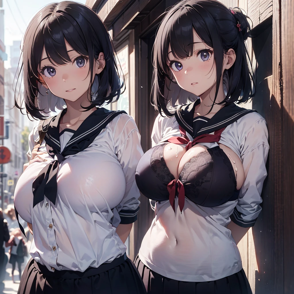 (looking away:1.5), 2lady(different hair style and clothes color), ((ultra-quality)), (Bukkake:1.5), (side view), (in 8K), (arms behind back:1.5), ultla highres, Hyper Detailed, High contrast, Ultrafine Strike, creative refinement, absurdres, Realistic, extremely detailed CG unified 8k wallpaper, Highly detailed, High-definition raw color photos, professional photograpy, Realistic portrait, Cinematic Light, Beautiful detailed, 28 years old woman, (realistic skin:1.3), (shiny skin), (Best Quality:1.4), Super Detail, High quality, master piece, lifelike, (After SEX), Bukkake, Perfect face, (cum on chest:1.3), (Bukkake:1.3), (cum on body:1.3), (Sharp Focus), (upper body), (close up), Delicate Beautiful Hair and Eyes and Face, Delicate eyes, radiant eyes, Lifelike, Hyper-detailing, (Wearing a dark sailor uniform:1.3), (school costume), (dark sailor costume), (no tie), (Sheer), (colossal breasts:1.8), (large breasts:1.8), (Beautiful breasts:1.5), (covered breasts:1.5), (arms behind back), Beautiful cute woman, camel-toe details, (SFW), wet clothes, pale black eyes, (dark bob hair:1.3), (asymmetrical bangs),