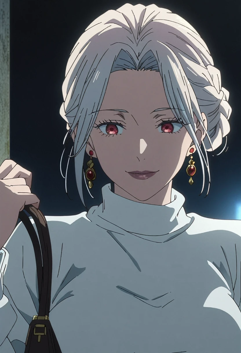 1girl, female gojo satoru, anime screencap from jujutsu kaisen, gojo satoru female version, solo, long_hair, ((red eyes)) ((White_hair, elegant hairstyle, french braid)), night view, (hanging breasts) upper_body, smile, lips, (slightly straight hair) ((wearing white sweater)) breast, "very detailed and high resolution" (red eyes) ((solo)) (((front view))) (earings) ((high resolution)) ((good quality)) ((elegant hairstyle, french braid)) ((hand bag))