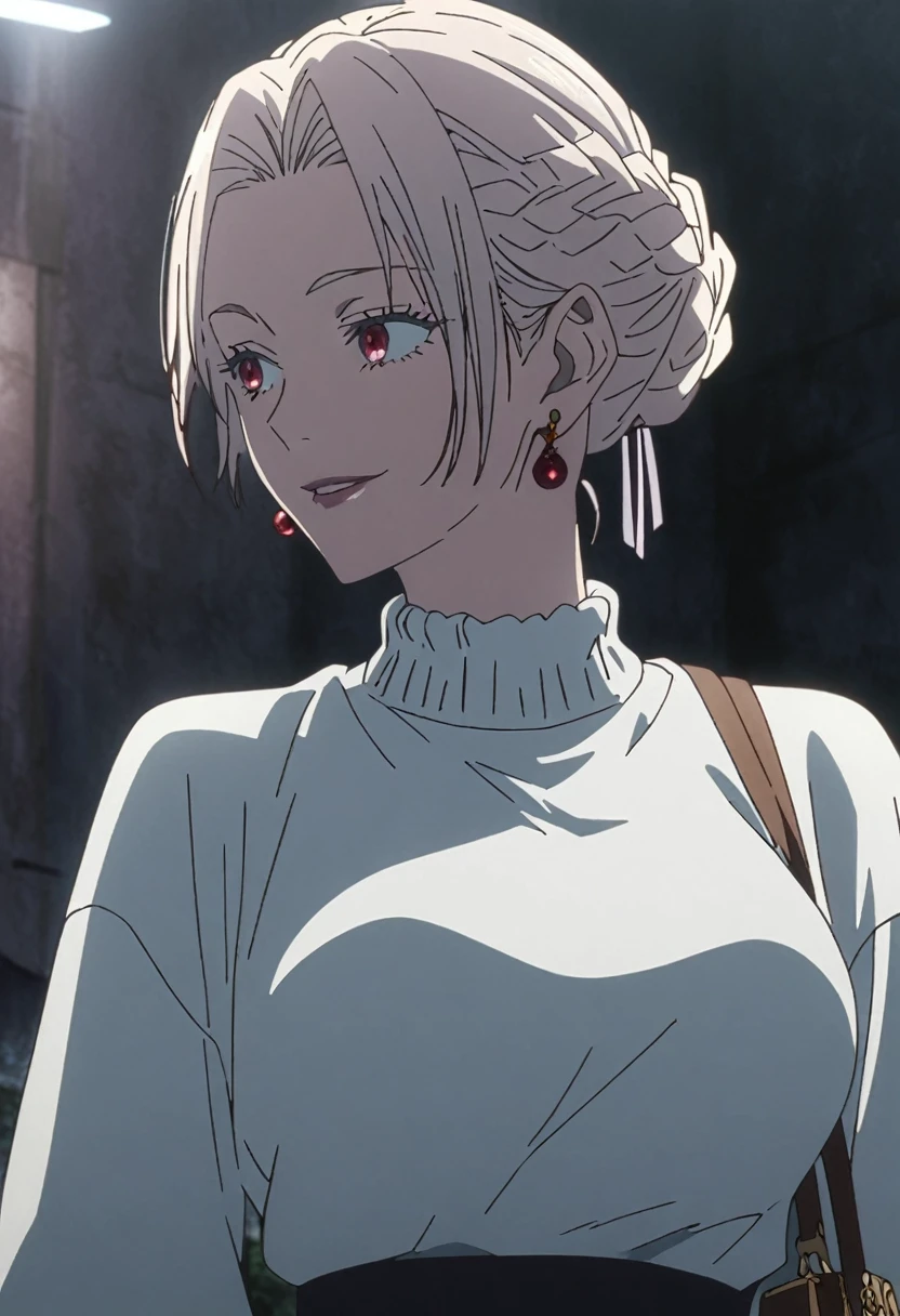 1girl, female gojo satoru, anime screencap from jujutsu kaisen, gojo satoru female version, solo, long_hair, ((red eyes)) ((White_hair, elegant hairstyle, french braid)), night view, (hanging breasts) upper_body, smile, lips, (slightly straight hair) ((wearing white sweater)) breast, "very detailed and high resolution" (red eyes) ((solo)) (((front view))) (earings) ((high resolution)) ((good quality)) ((elegant hairstyle, french braid)) ((hand bag))