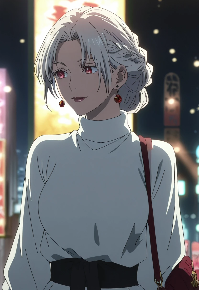 1girl, female gojo satoru, anime screencap from jujutsu kaisen, gojo satoru female version, solo, long_hair, ((red eyes)) ((White_hair, elegant hairstyle, french braid)), night view, (hanging breasts) upper_body, smile, lips, (slightly straight hair) ((wearing white sweater)) breast, "very detailed and high resolution" (red eyes) ((solo)) (((front view))) (earings) ((high resolution)) ((good quality)) ((elegant hairstyle, french braid)) ((hand bag))