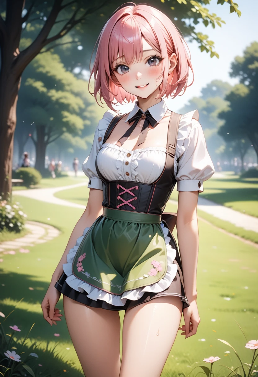((Metallic dirndl)),  skinny, solo, 1 woman, Masterpiece, highest quality, highest quality, 16K, incredibly absurd, highly detailed, 2.5D, ai-generated, delicate and dynamic, very delicate facial expressions, delicate eye depiction, erotic, only sexy woman, ((A cute and kind face)), healthy figure, ((25-year-old woman)), 160cm tall, medium firm swaying bust, (short hair), (pink hair:1.5), bob cut, black eye, blush, Sweat,Embarrassed,sexy, ((thin thighs)), (camel toe:0.8), (Erect nipples:0.7), ((shiny and lustrous)), facing straight at viewer, smile, (standing), cowboy shot, ((arm at side)), Large park, daytime, bright, on the grass,