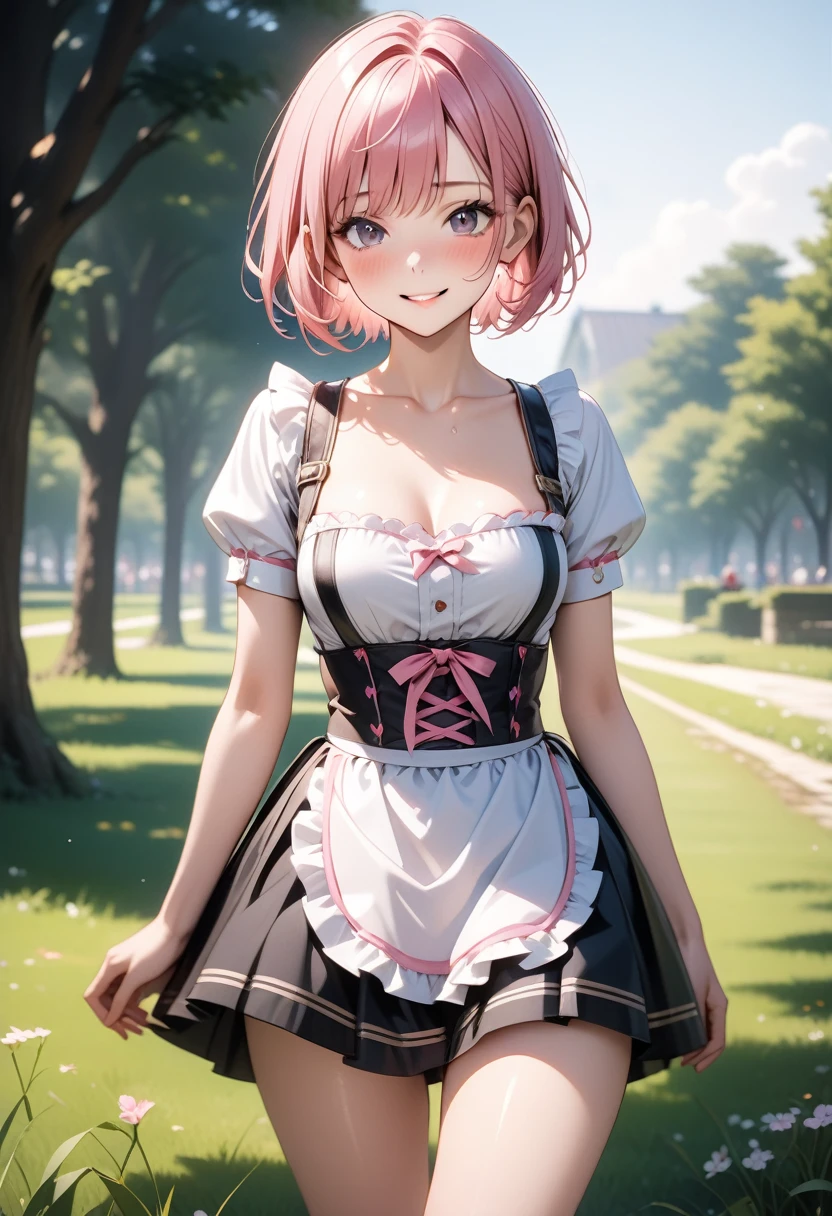 ((Metallic dirndl)), skinny, solo, 1 woman, Masterpiece, highest quality, highest quality, 16K, incredibly absurd, highly detailed, 2.5D, ai-generated, delicate and dynamic, very delicate facial expressions, delicate eye depiction, erotic, only sexy woman, ((A cute and kind face)), healthy figure, ((25-year-old woman)), 160cm tall, medium firm swaying bust, (short hair), (pink hair:1.5), bob cut, black eye, blush, Sweat,Embarrassed,sexy, ((thin thighs)), (camel toe:0.8), (Erect nipples:0.7), ((shiny and lustrous)), facing straight at viewer, smile, (standing), cowboy shot, ((arm at side)), Large park, daytime, bright, on the grass,