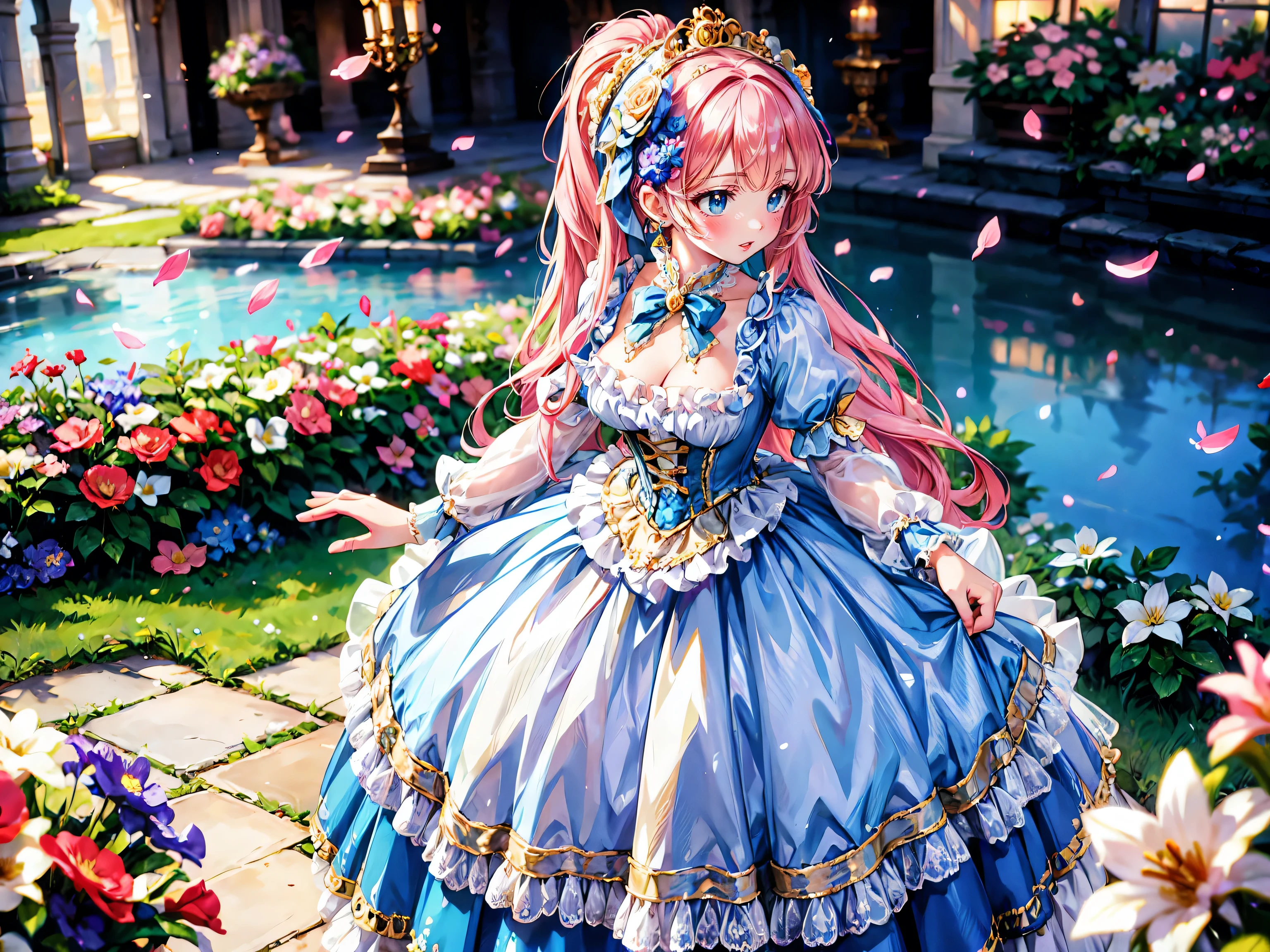 anime moe art style, (Masterpiece, ultra detailed, exquisite quality), (((young face solo princess))), (dress topaz dress), (((ultra elaborate rococo victorian gown with voluminous hoopskirt and long hems, princess style skirt, ultra pretty gown:1.3))), ((())),  cleavage, (hair pink hair), (fluffy long ponytail), Expressive very voluminous hair, super delicate face, (hyper detail delicate beautiful eyes blue eyes), ((leaning forward, looking up, from above, front view)), (((So lot's of colorful flowers))), (blurry background:1.5), (isometric 3D), (particle effect),