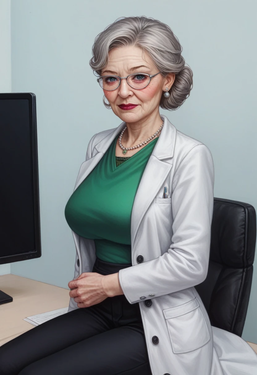 hyperrealistic art cinematic film still lower angle photography in the style of detailed hyperrealism photoshoot . (widehips) Extremely high-resolution details, photographic, realism pushed to extreme, fine texture, incredibly, elderly frail wrinkle woman, short gray hair, (lab coat with green blouse and black pants),sitting in office alone, blushing
