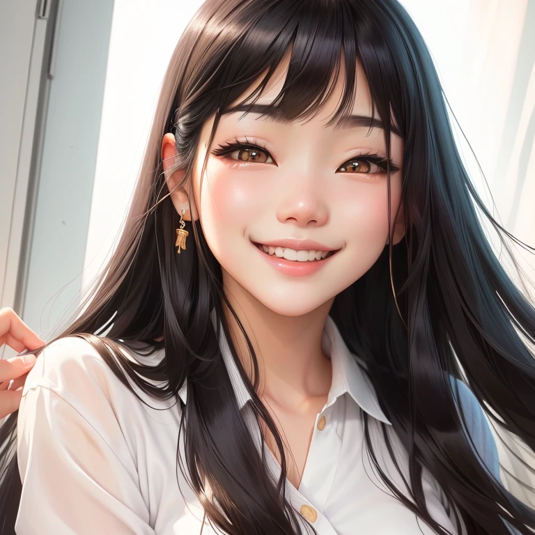 Wearing a white shirt、Smiling Asian woman with long black hair, Cute realistic portrait, Realistic anime art style, Real life anime girls, Realistic anime art style, Young and adorable Korean face, Realistic cute girl drawing, Korean Girls, Realistic young anime girl, Beautiful Asian Girl, Ilya Kuvshinov with long hair, Beautiful anime portraits, Beautiful and smiling, Photorealistic Animation