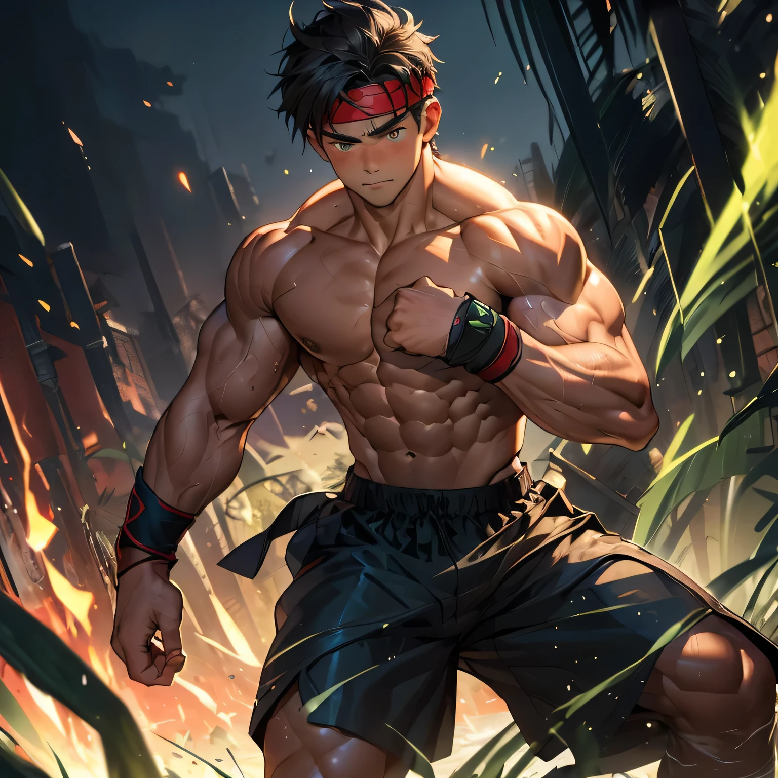 (Masterpiece, Best quality  boy, black background), Young, boy, muscler, Shirtless, topless, ((((solo, intense battle scene,heroic figure, surrounded by swirling green aura)))), (Dark Short straight hair, ((almost completely shaved hair)), under cut, brown eyes), (red headband, ((black wristband))), Vivid colors, ((hot Abs:1.2, abs!, big abs, big breast:1.2, chest!, muscler upper arms, clenched fist)), muscler!, muscler body, Man with martial arts stance, detailed face, detailed muscle, (((random fighting pose, powerful, action, rippling muscles, turquoise aura around body, concentrate, deep night, male focus, man of steel)))