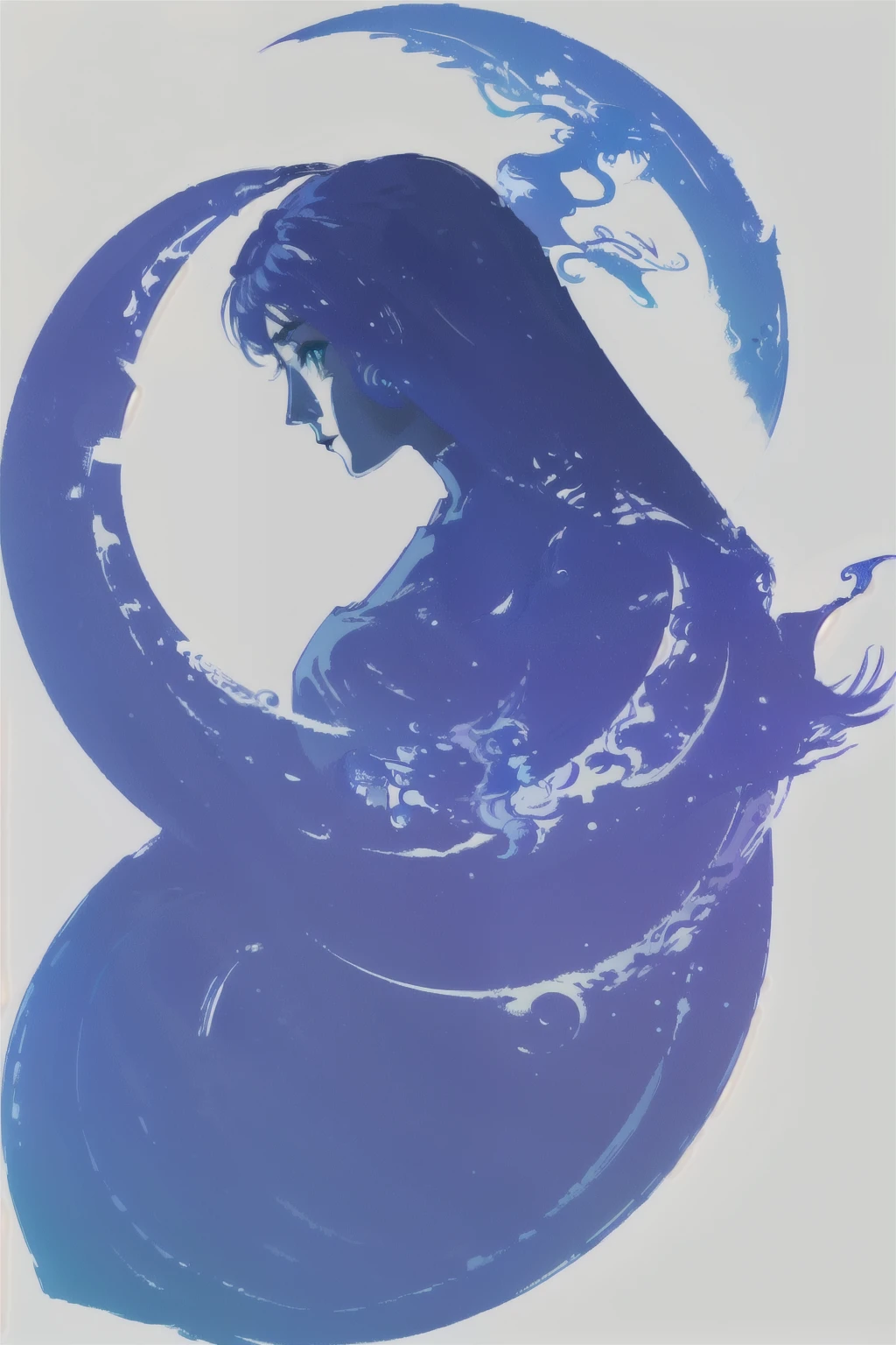 ff logo, White background, simple coloring, Blue and purple gradients, masterpiece, best quality, Intricate details, 1 Girl, Solitary, Crescent Moon,Girl and moon,Amazing women, Delicate, elegant, original, appropriate, spin magic, Green Eyes, - - Side profile, whole body,