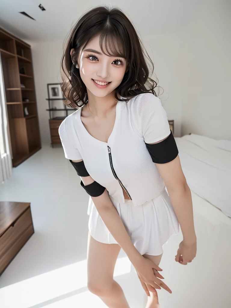 (Highest quality:1.9)、(High resolution)、Live-action image quality、((20-year-old woman、1 person))、Soft lighting by a professional photographer、Natural light、((Very spacious white luxurious room:1.6))、((Bright white room:1.6))、(Standing in front of a very luxurious white bed:1.2)、(White bookshelf background:1.1)、Natural soft light、((Black Hair Color:1.1))、Fair skin、Detailed Eyes、double eyelid、Slightly puffy cheeks、((Small Face:1.0))、((White short-sleeved shirt、Please wear it with the chest open.:1.7))、((White and black striped skirt:1.2))、(Cute Smile)、((Girly pose 1.8))、((Long curly hair:1.1))、((Full Body Shot:1.2))、((Height: 165cm))、Hands in front、Hold hands between legs、