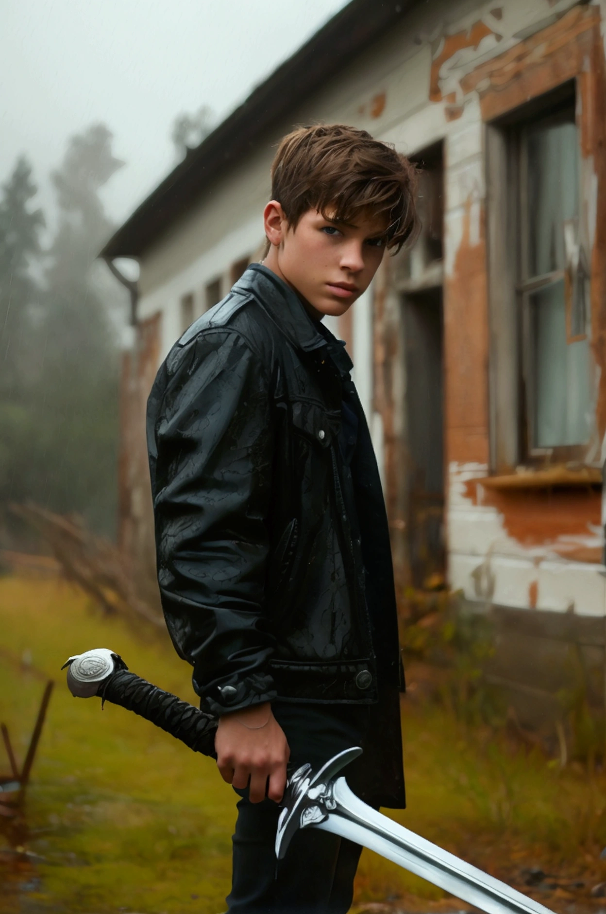 Realistic photo of solo handsome teenage men ,Standing In front of an abandoned house ,daytime rainy ,holding a sword