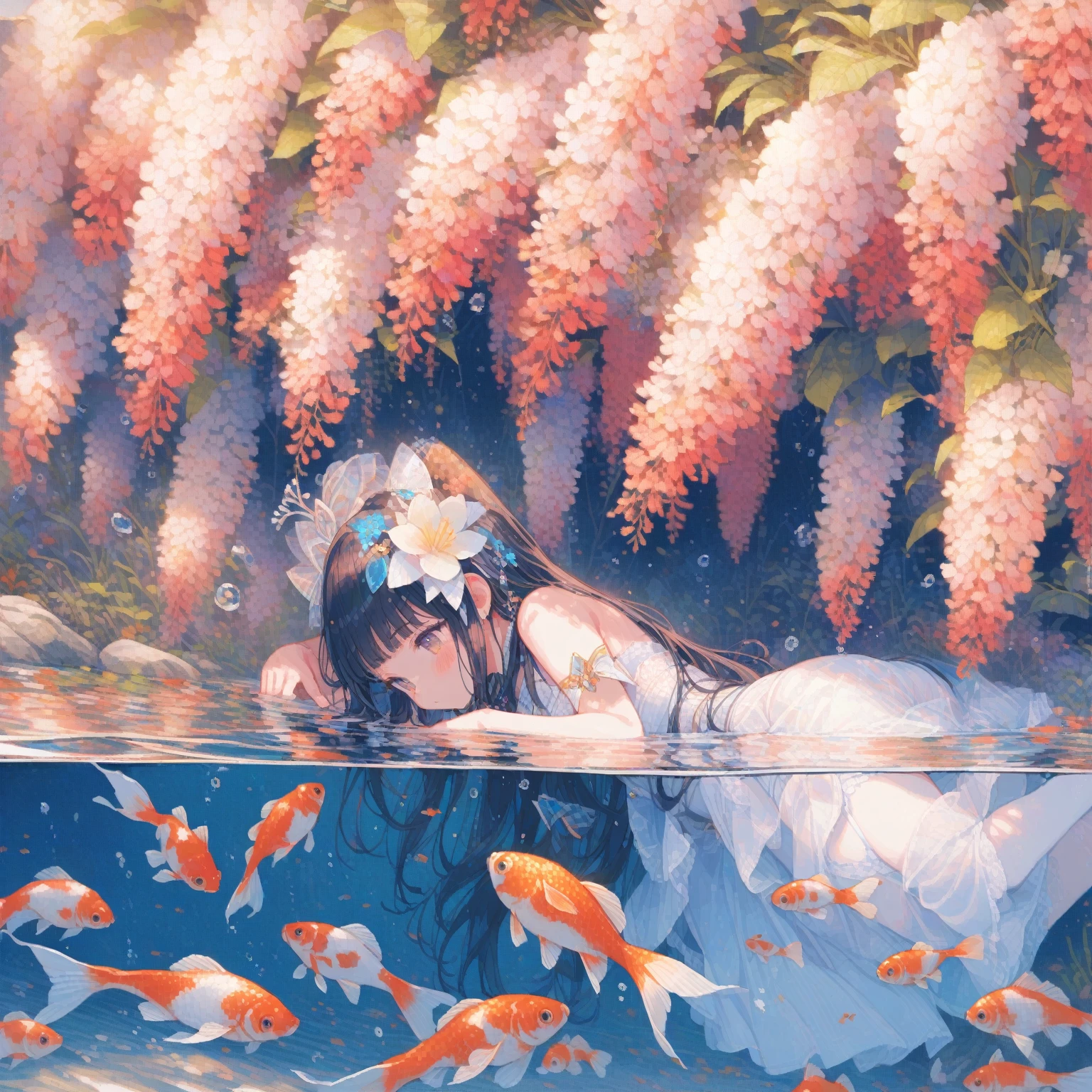1girl、white（Clethra barbinervis）、「Overflowing Feelings」「Relaxation」、Japanese clethra、Underwater in a pond with goldfish、 tegaki, masterpiece, best quality, very aesthetic, absurdres, highly detailed,