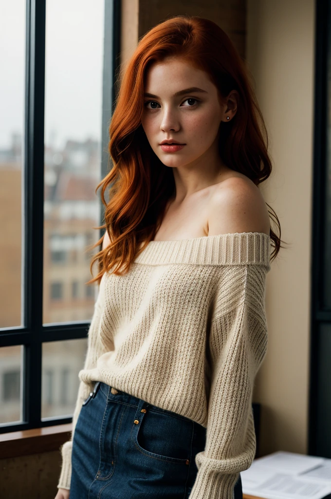 1girl, redhead woman, standing in the office, off-shoulder sweater, beautiful detailed eyes, beautiful detailed lips, extremely detailed face and portrait, photorealistic, hyper realistic, cinematic lighting, dramatic lighting, moody atmosphere, warm color palette, high quality, masterpiece, best quality