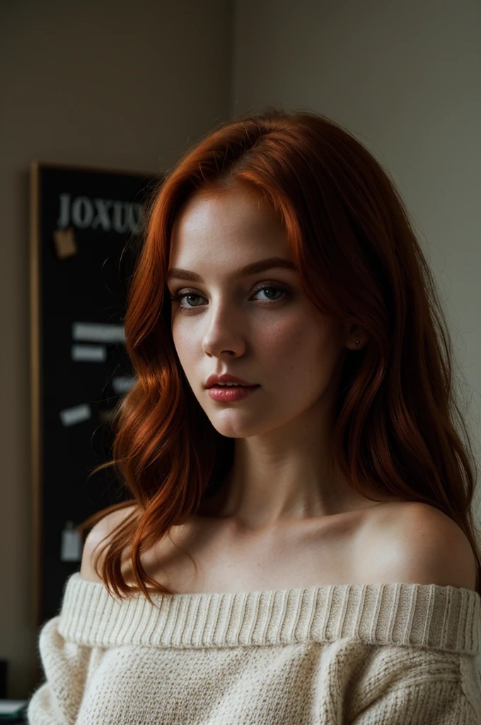1girl, redhead woman, standing in the office, off-shoulder sweater, beautiful detailed eyes, beautiful detailed lips, extremely detailed face and portrait, photorealistic, hyper realistic, cinematic lighting, dramatic lighting, moody atmosphere, warm color palette, high quality, masterpiece, best quality
