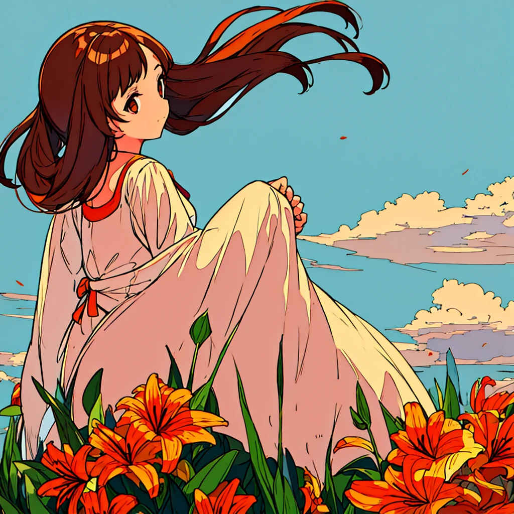 Orange plain background, lily flower, girl in white dress, brown hair, summer, nostalgic, simple
