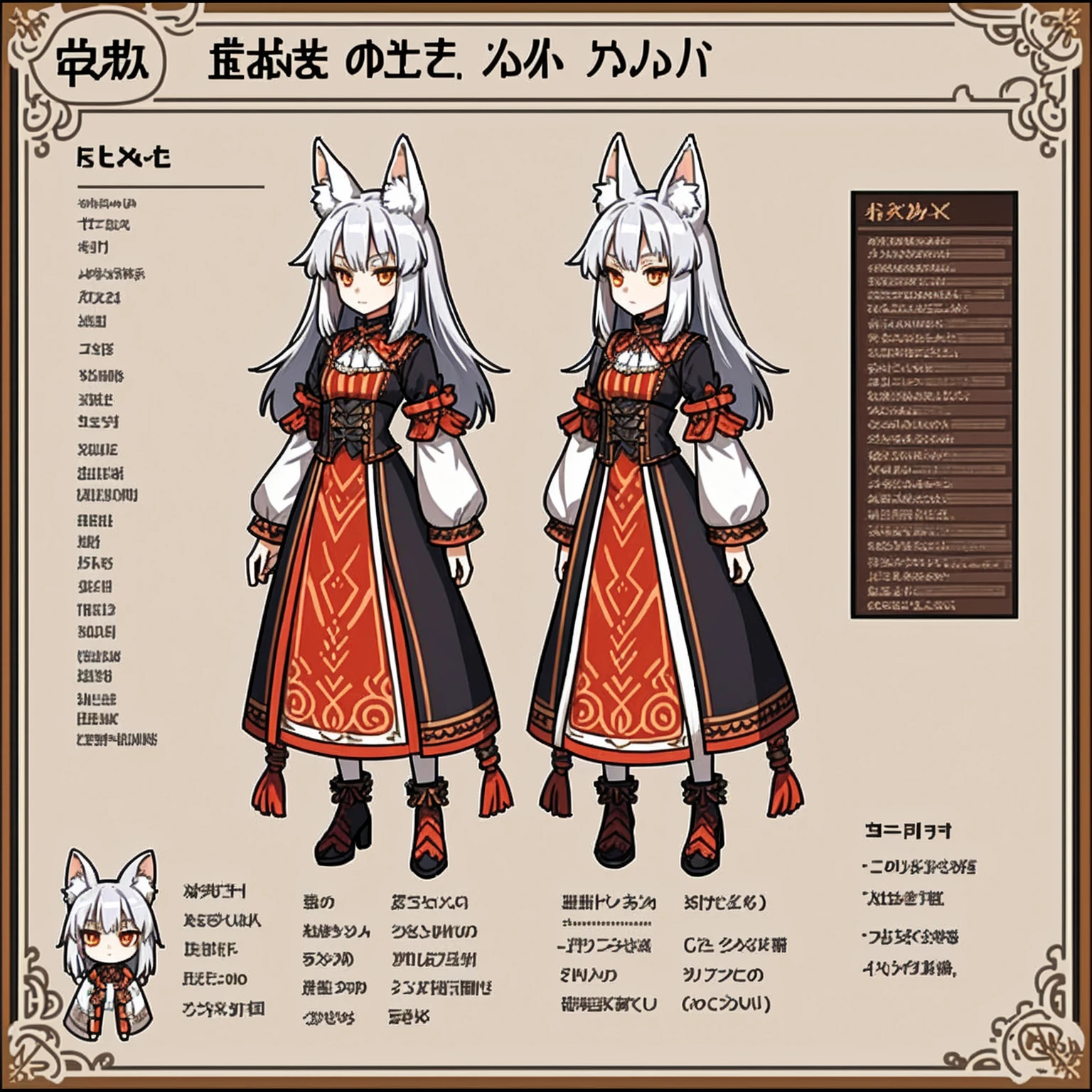 Character Sheet, A graceful wild fox girl with mostly silver hair, Food themed clothing, variation, Highest quality, pixel