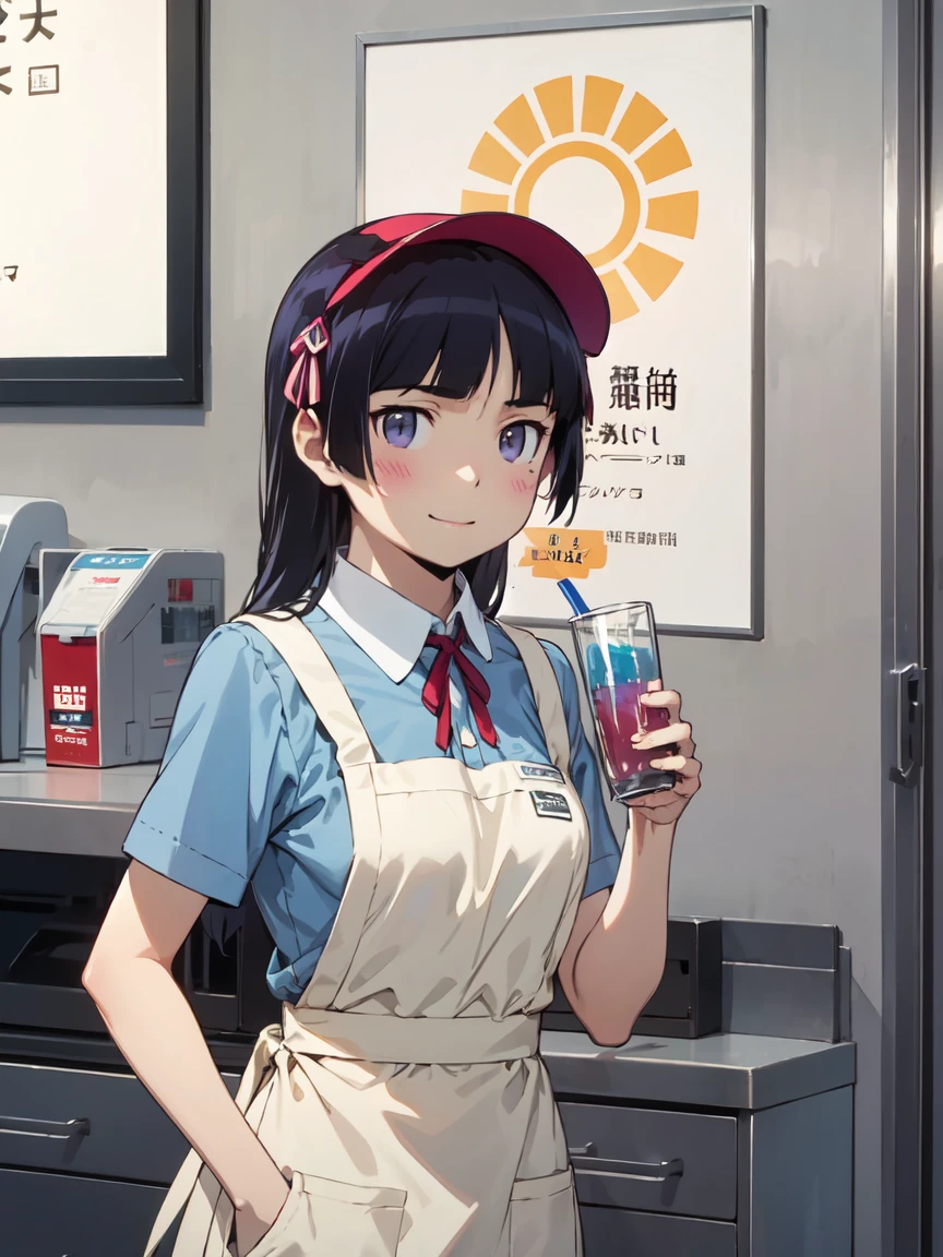 (Ultra-high resolution), (masterpiece), (Attention to detail), (high quality), (最high quality), ((Upper Body Shot)) , One Girl, Generate images of female employees working in bright and clean fast food restaurants。she、Red uniform shirt, (Sun visor), Name tag, Wearing an apron。In the background of the store、counter, cash register, Menu Board, There is a drink dispenser、Serve customers with a smile。