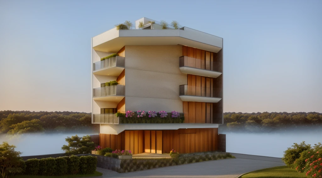 Create a house with a balcony, trees, a path, and a fence filled with flowers