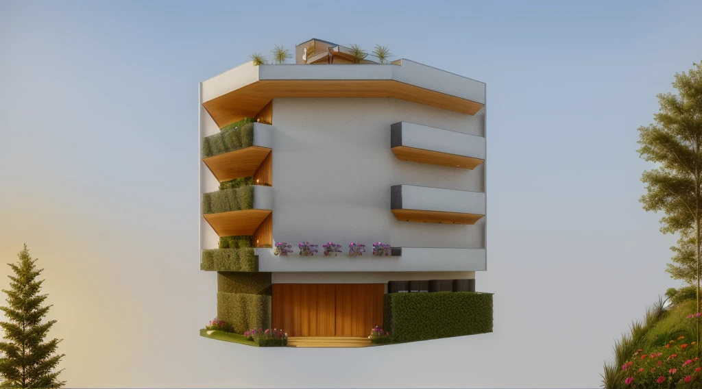 Create a house with a balcony, trees, a path, and a fence filled with flowers